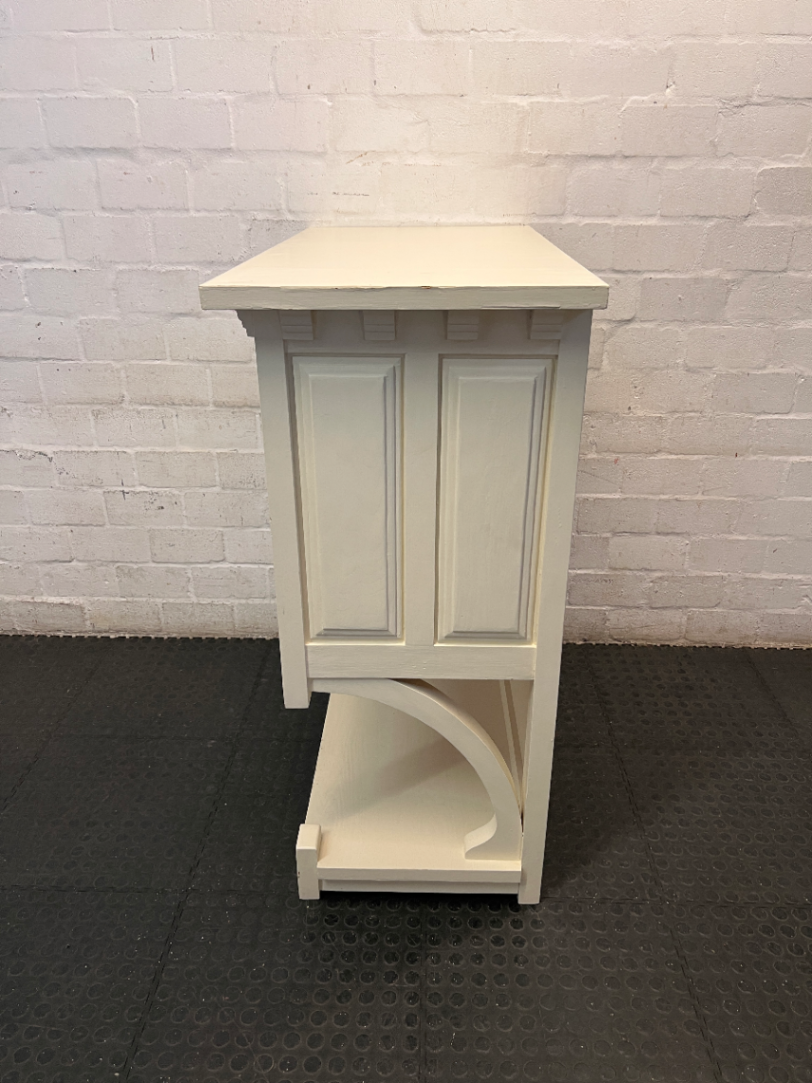 Classic Panelled Off-White Wooden Cupboard with Open Shelf — Moderate Signs of Use and Surface Wear