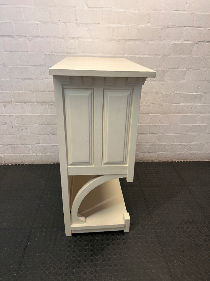 Classic Panelled Off-White Wooden Cupboard with Open Shelf — Moderate Signs of Use and Surface Wear