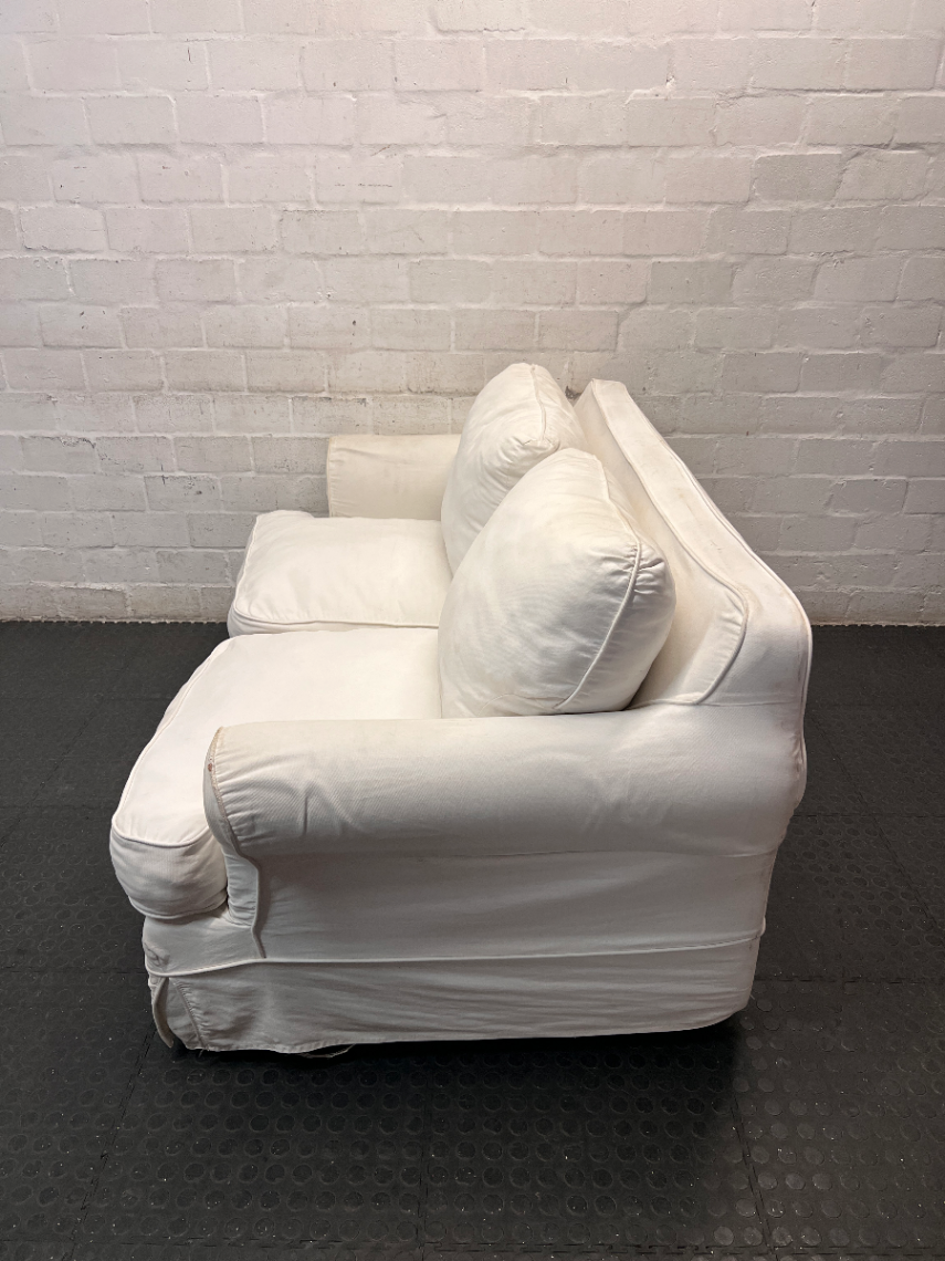 Classic White Fabric 2 Seater Couch with Slipcover — Well Used Condition