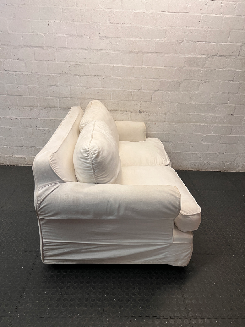 Classic White Fabric 2 Seater Couch with Slipcover — Well Used Condition