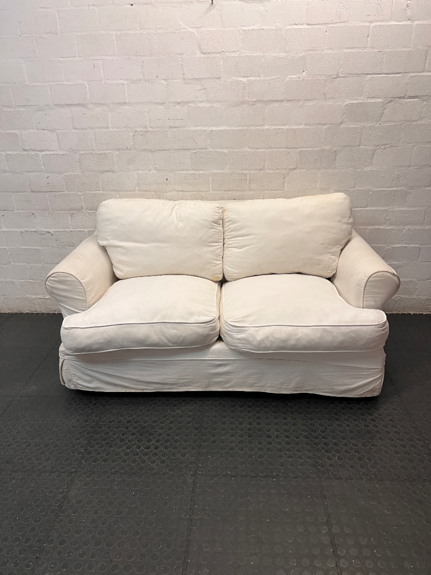 Classic White Fabric 2 Seater Couch with Slipcover — Well Used Condition