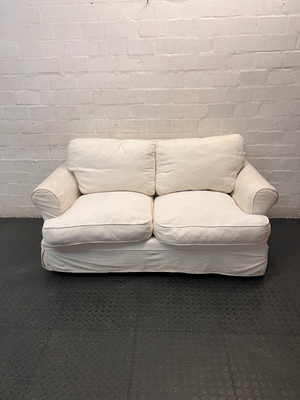 Classic White Fabric 2 Seater Couch with Slipcover — Well Used Condition