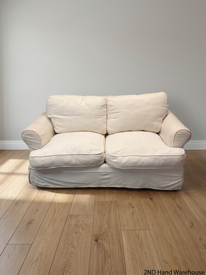 Classic White Fabric 2 Seater Couch with Slipcover — Well Used Condition