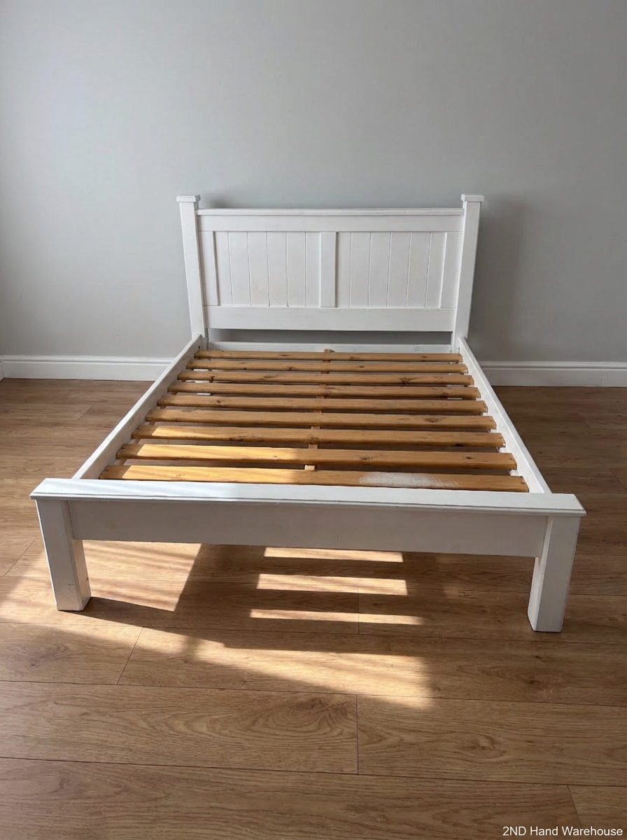 Classic White Wooden Bed Frame with Slatted Headboard - 2ndhandwarehouse.com