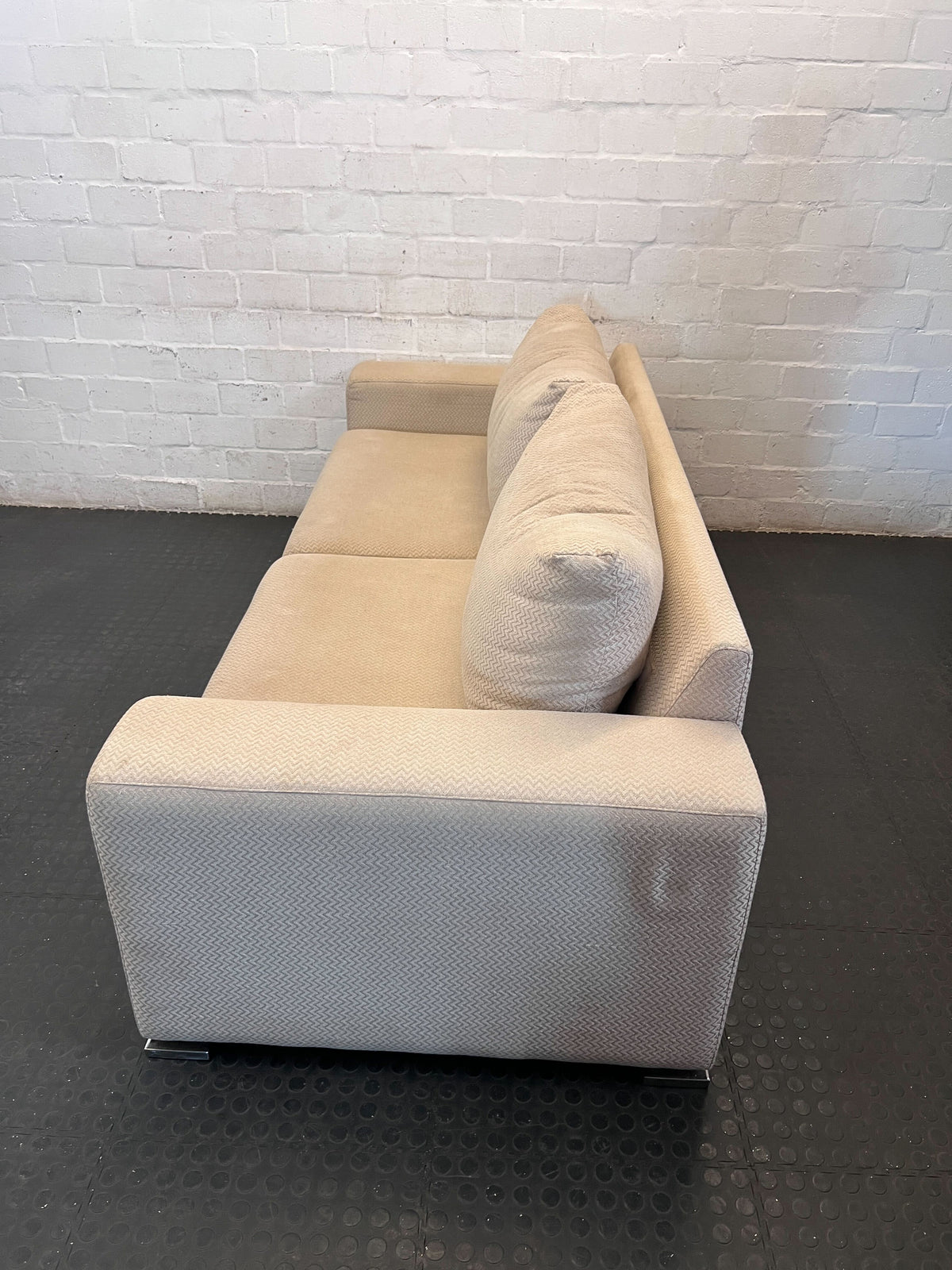 Comfortable 2-Seater Beige Sofa with Modern Chrome Feet