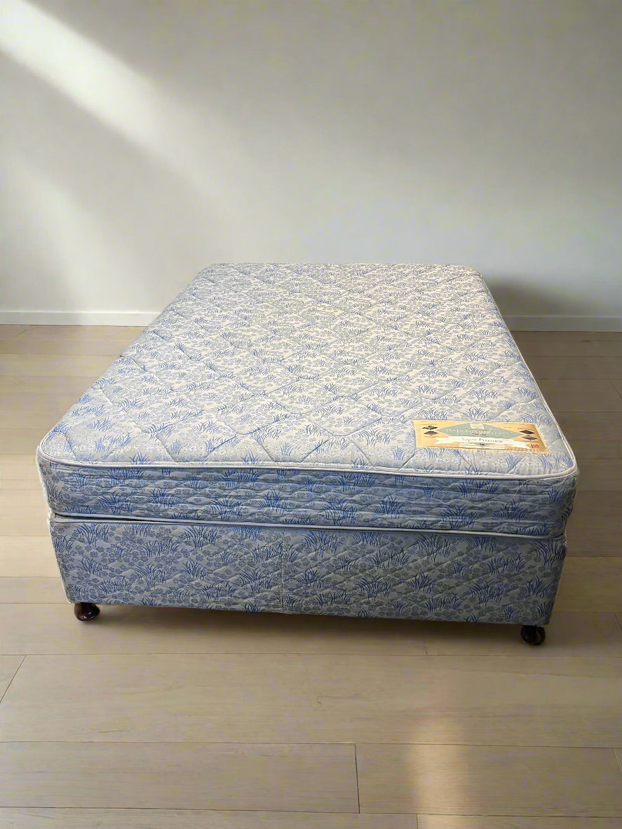 Comfortable Blue Floral Design Double Mattress & Base - Minor Wear