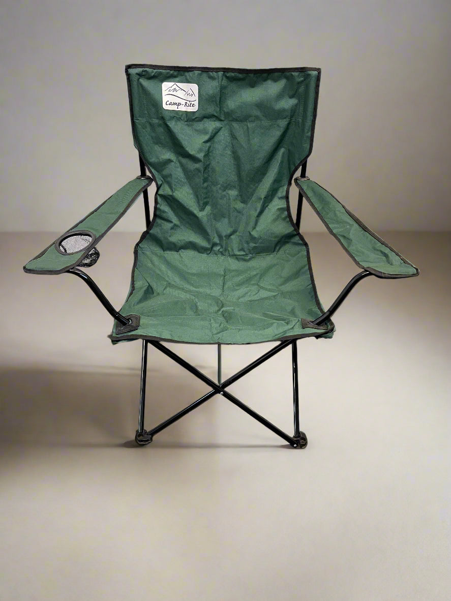 Green camping chair with a visible brand logo on a plain background