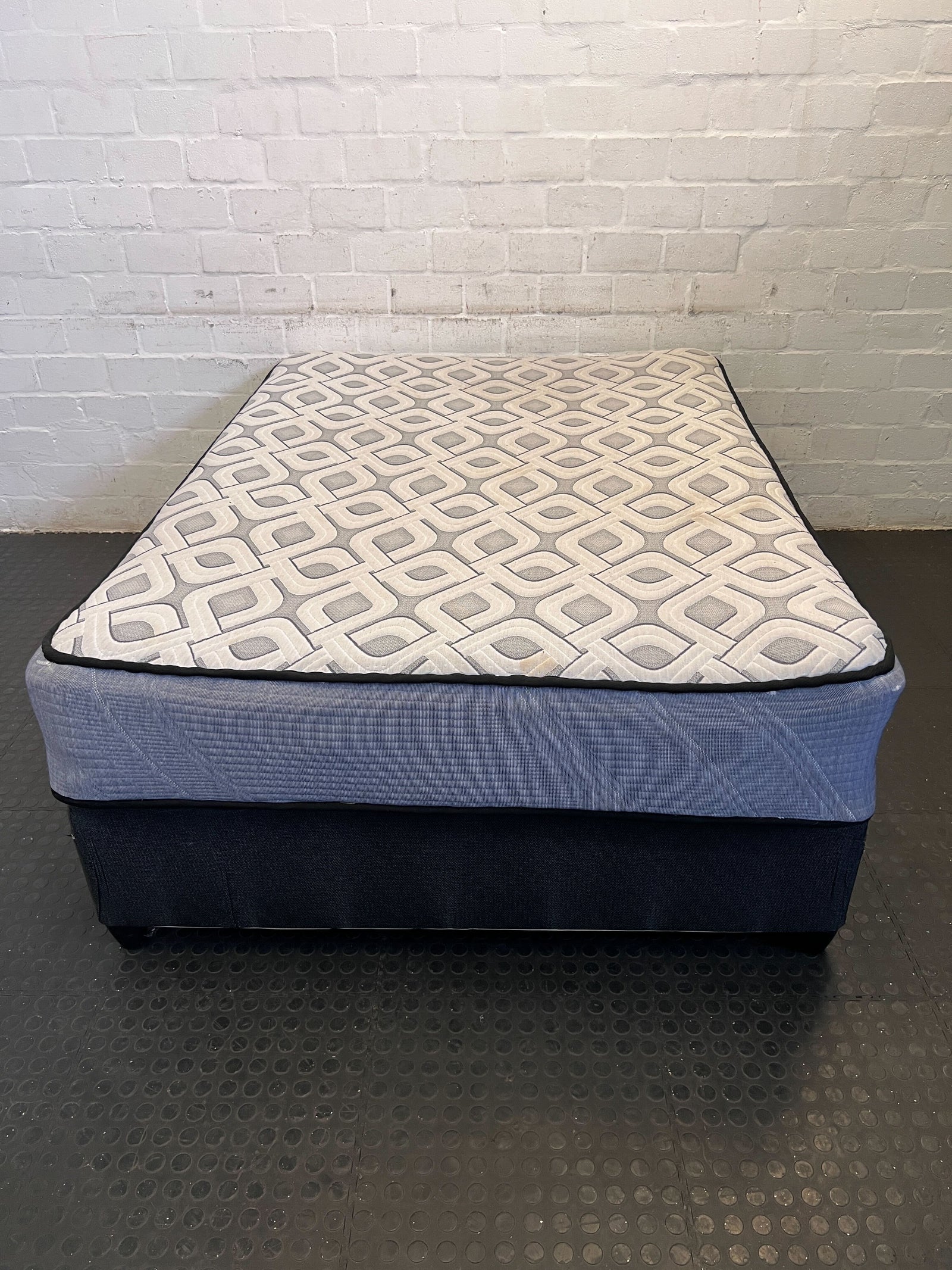 Comfortable Blue Upholstered Mattress with Geometric Pattern – Minor Stains