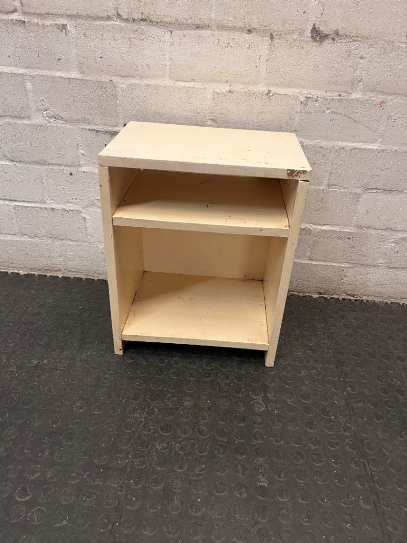 Compact Cream Wooden Bedside Table with Open Shelving — Fair Condition with Paint Chipping