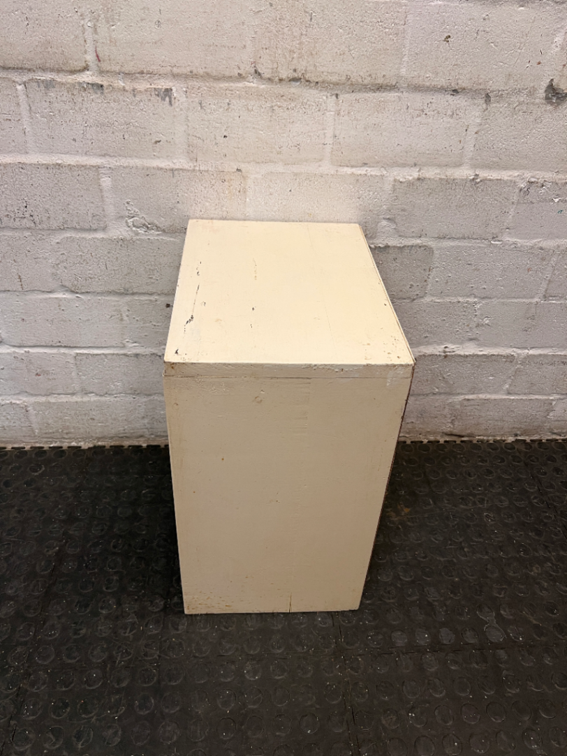 Compact Cream Wooden Bedside Table with Open Shelving — Fair Condition with Paint Chipping