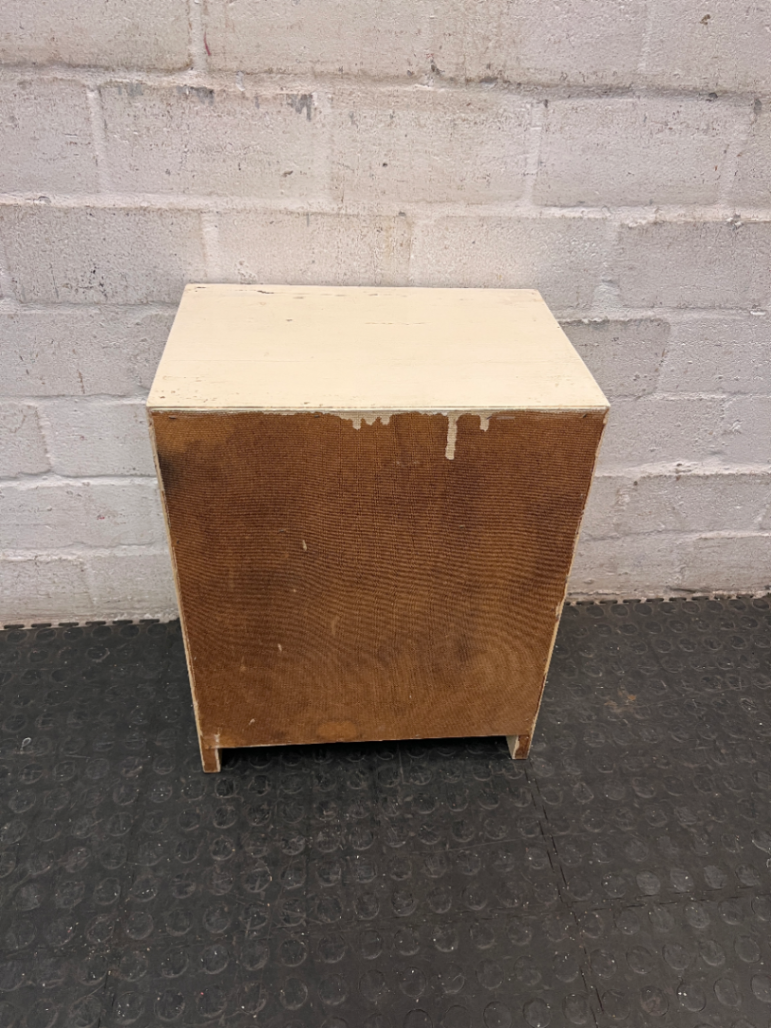 Compact Cream Wooden Bedside Table with Open Shelving — Fair Condition with Paint Chipping