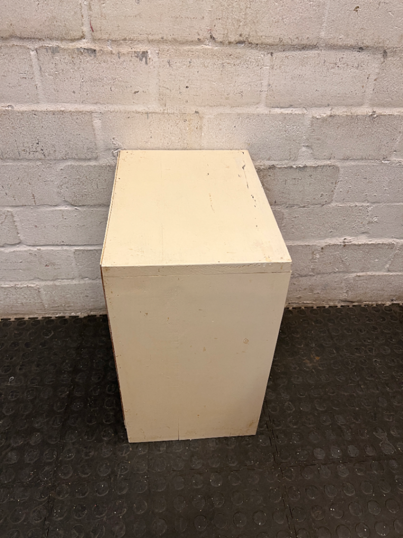 Compact Cream Wooden Bedside Table with Open Shelving — Fair Condition with Paint Chipping