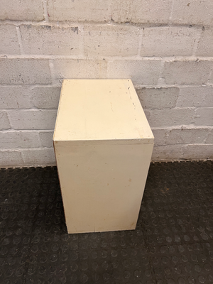 Compact Cream Wooden Bedside Table with Open Shelving — Fair Condition with Paint Chipping