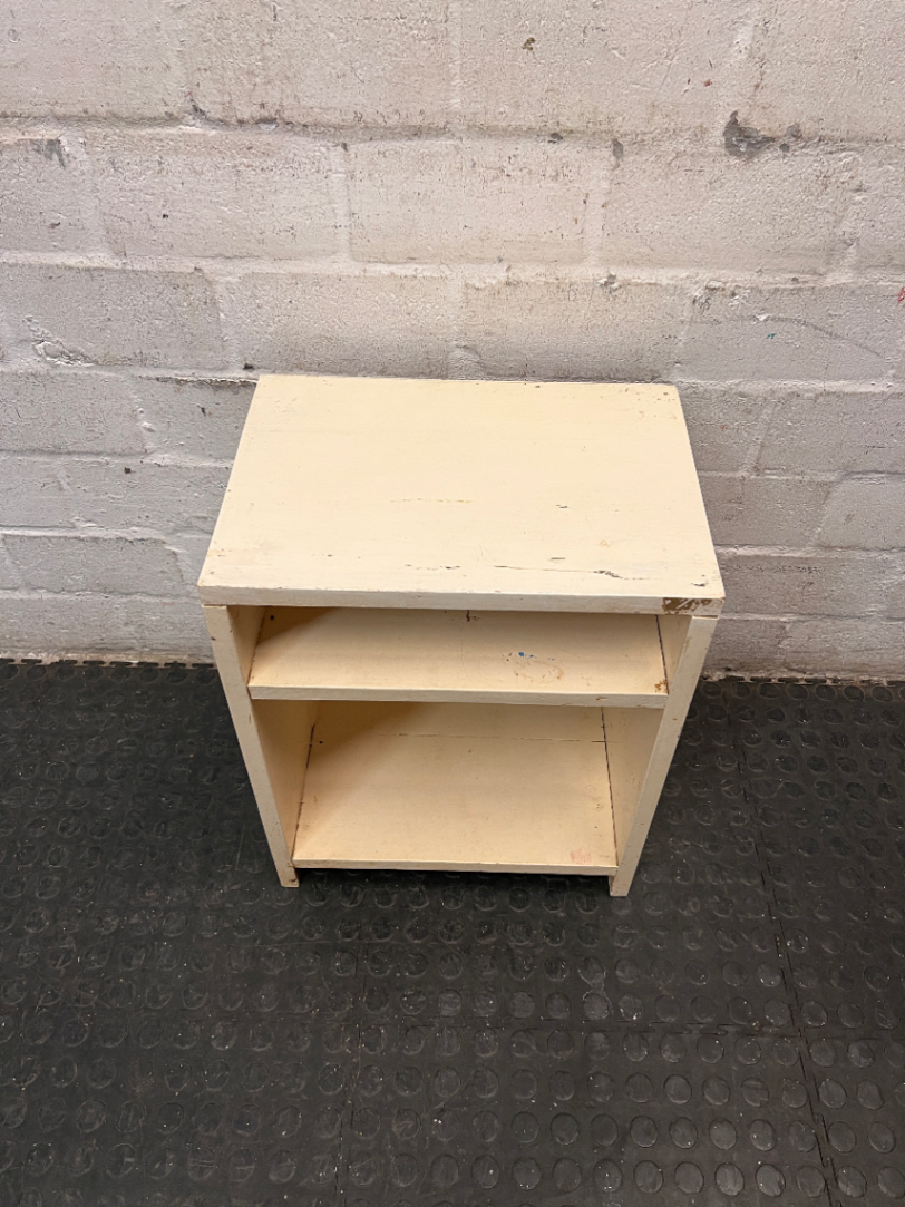 Compact Cream Wooden Bedside Table with Open Shelving — Fair Condition with Paint Chipping