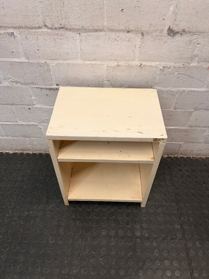 Compact Cream Wooden Bedside Table with Open Shelving — Fair Condition with Paint Chipping