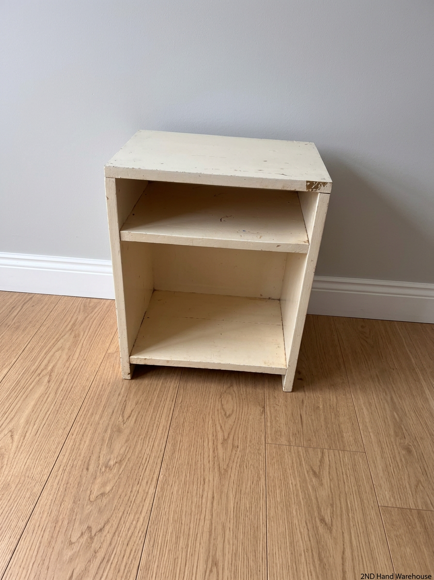 Compact Cream Wooden Bedside Table with Open Shelving — Fair Condition with Paint Chipping