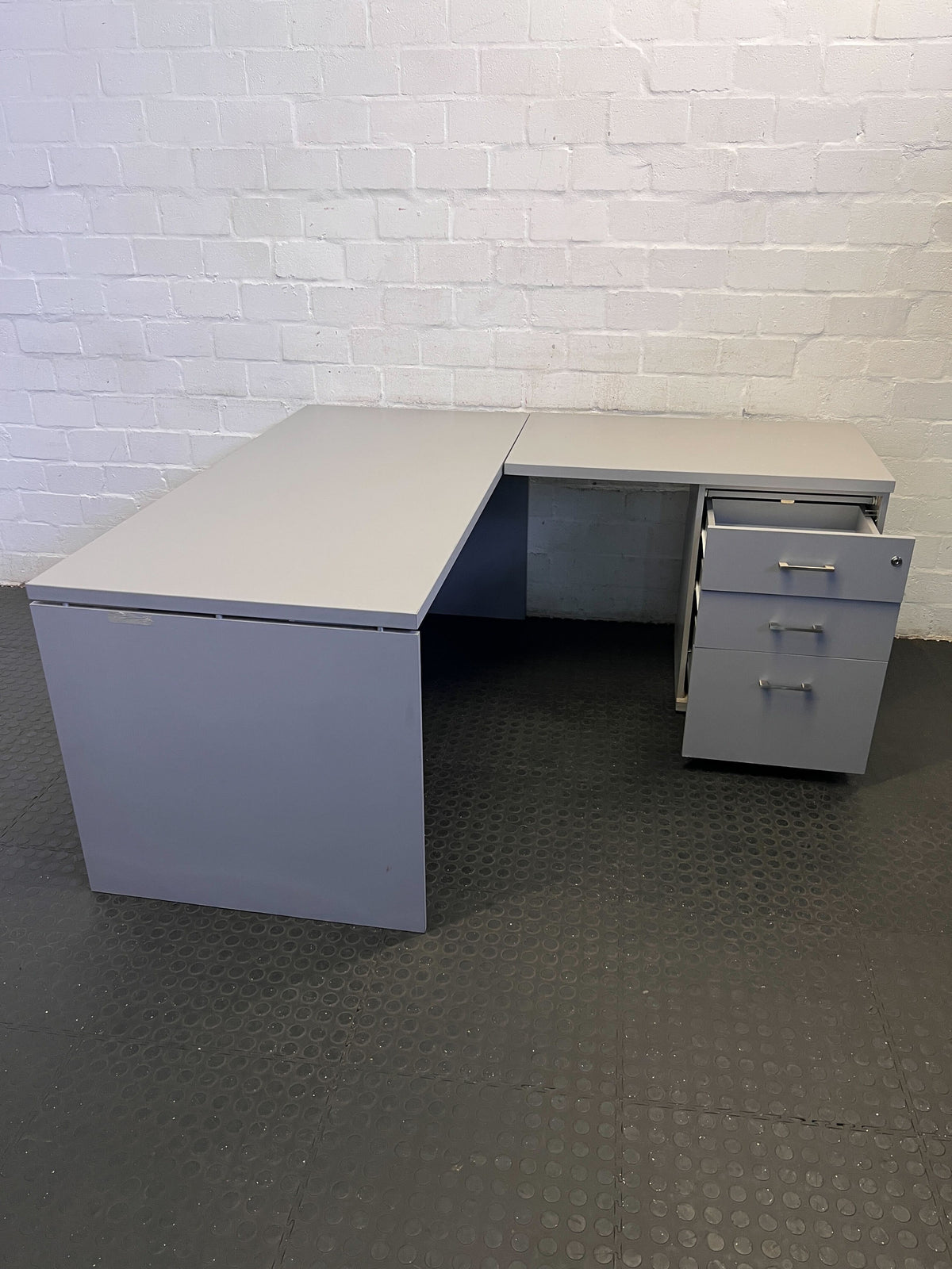 Compact Grey L-Shaped Office Desk with Storage