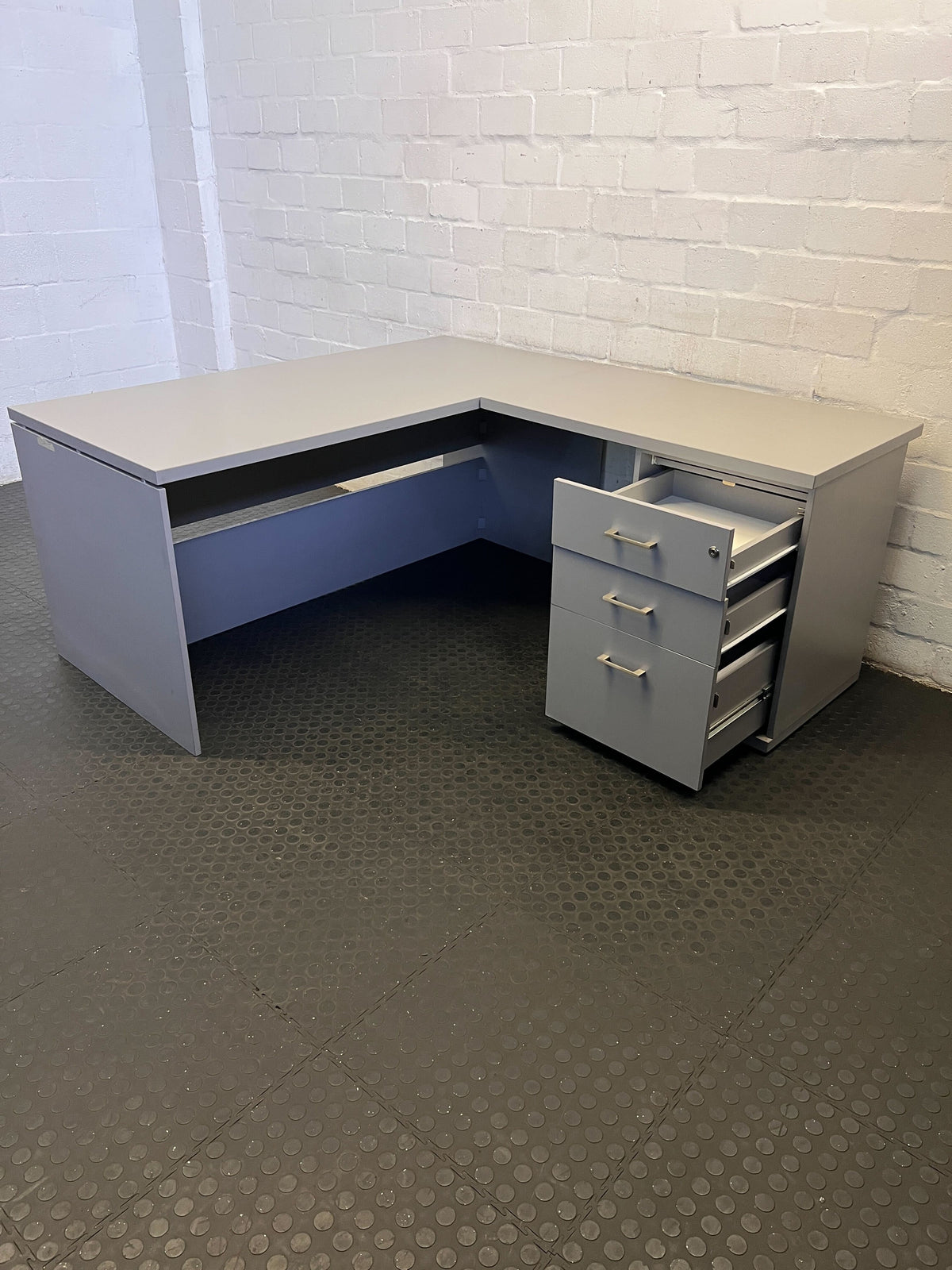 Compact Grey L-Shaped Office Desk with Storage