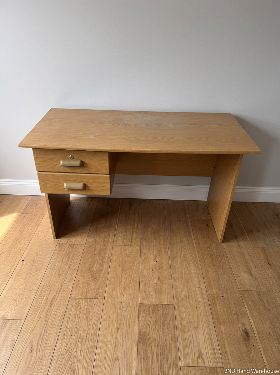 Compact Oak Finish 2-Drawer Office Desk — Good Working O
