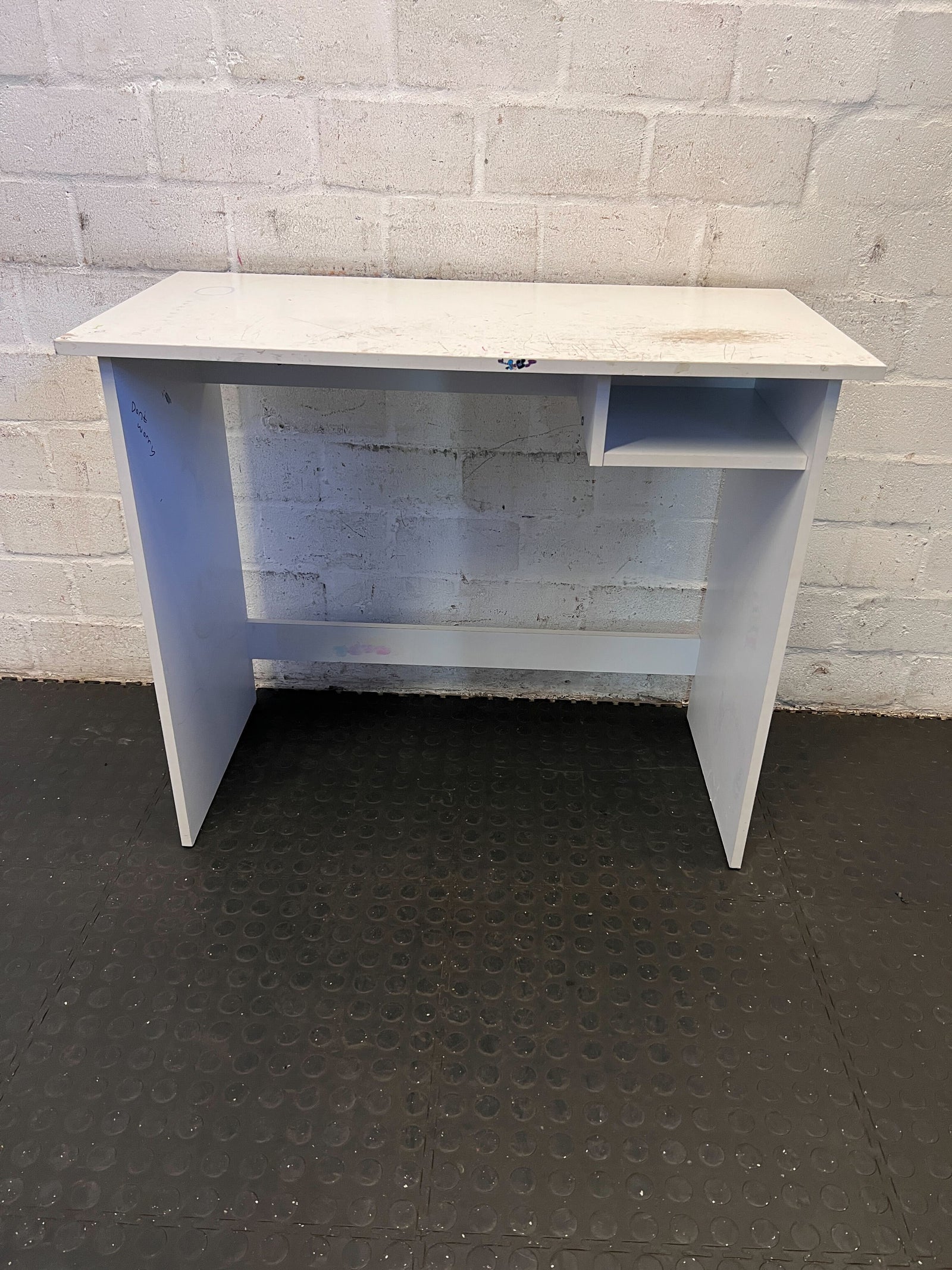 Compact White Writing Desk with Scratches and Side Shelf