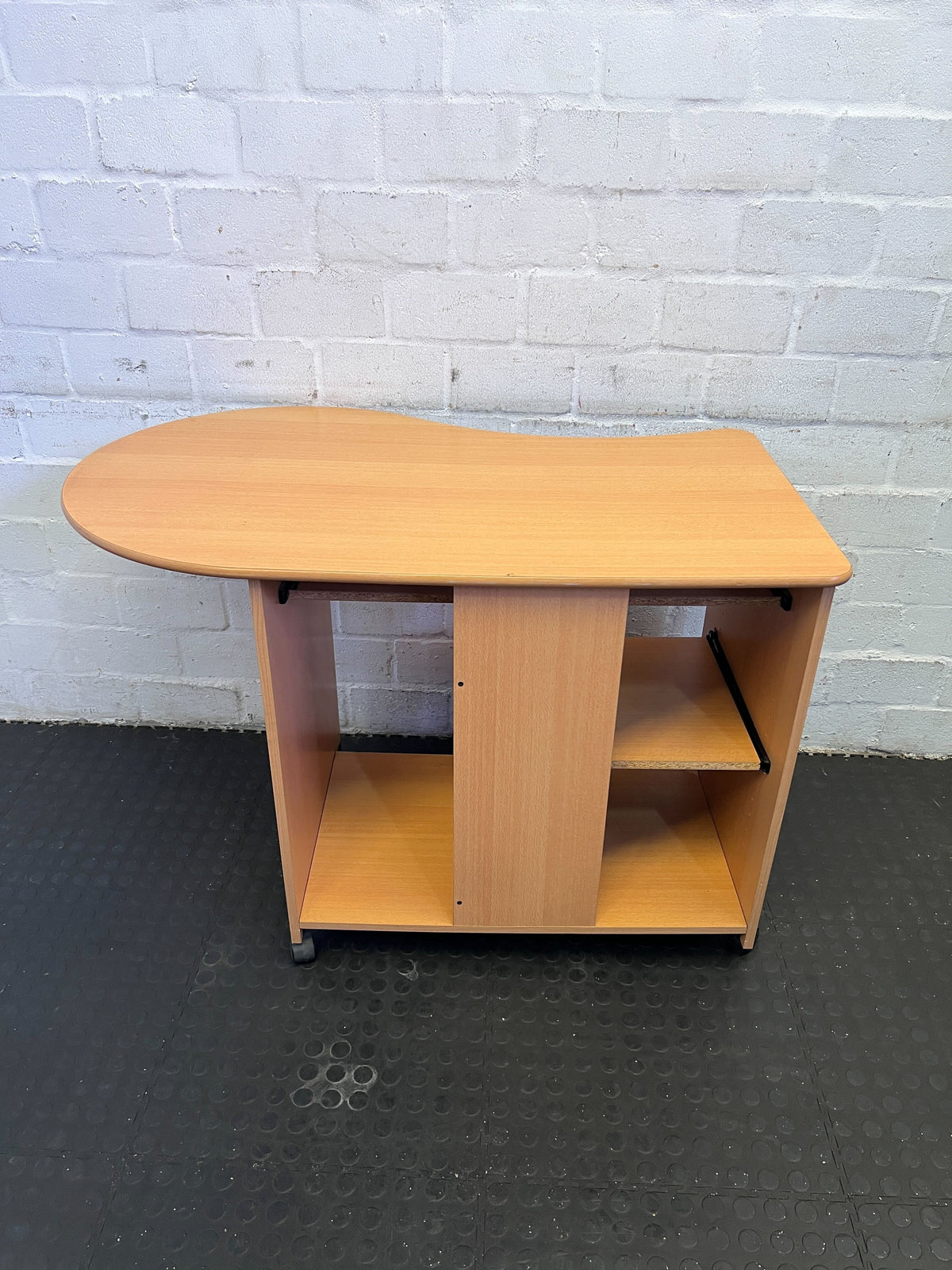 Compact Wooden Office Desk with Wheels and Curved Top
