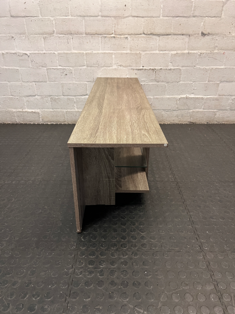 Contemporary Oak-Finish TV Unit with Glass Shelf — Fair Condition with Minimal Damage