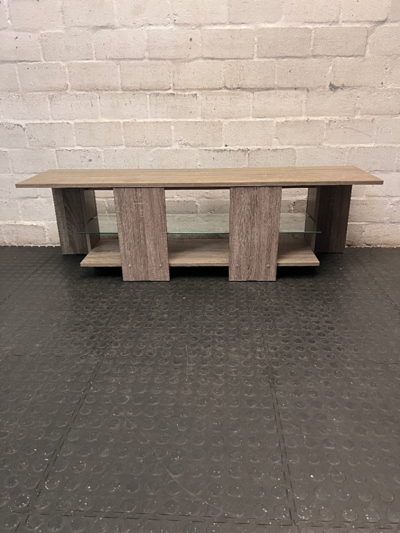 Contemporary Oak-Finish TV Unit with Glass Shelf — Fair Condition with Minimal Damage