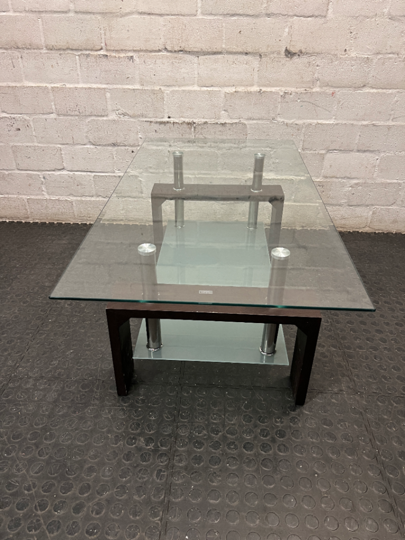 Contemporary Two-Tier Glass and Wood Coffee Table — Fair Used Condition