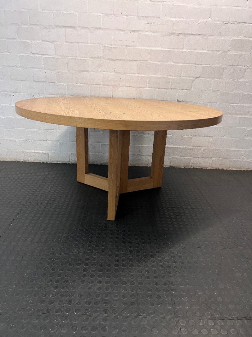 Coricraft Round Wooden Dining Table with Pedestal Base — Fair Condition with Visible Wear - 2ndhandwarehouse.com