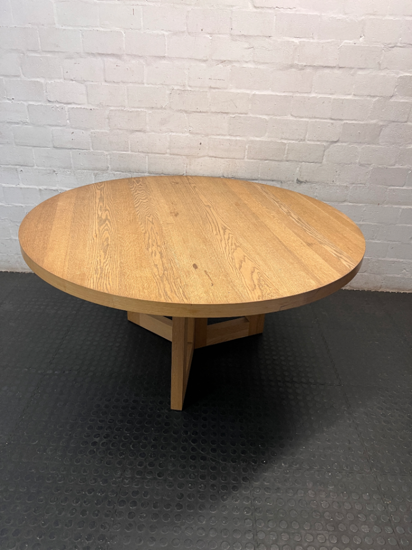 Coricraft Round Wooden Dining Table with Pedestal Base — Fair Condition with Visible Wear - 2ndhandwarehouse.com