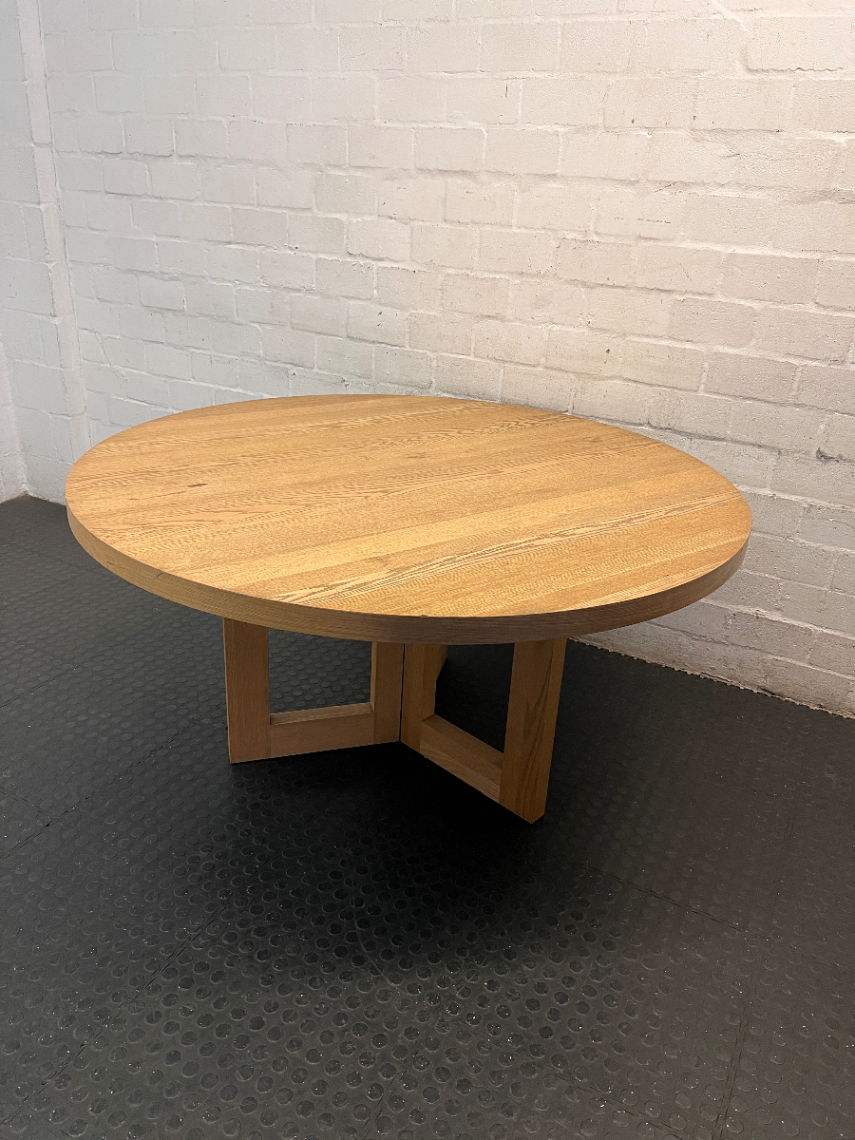 Coricraft Round Wooden Dining Table with Pedestal Base — Fair Condition with Visible Wear - 2ndhandwarehouse.com