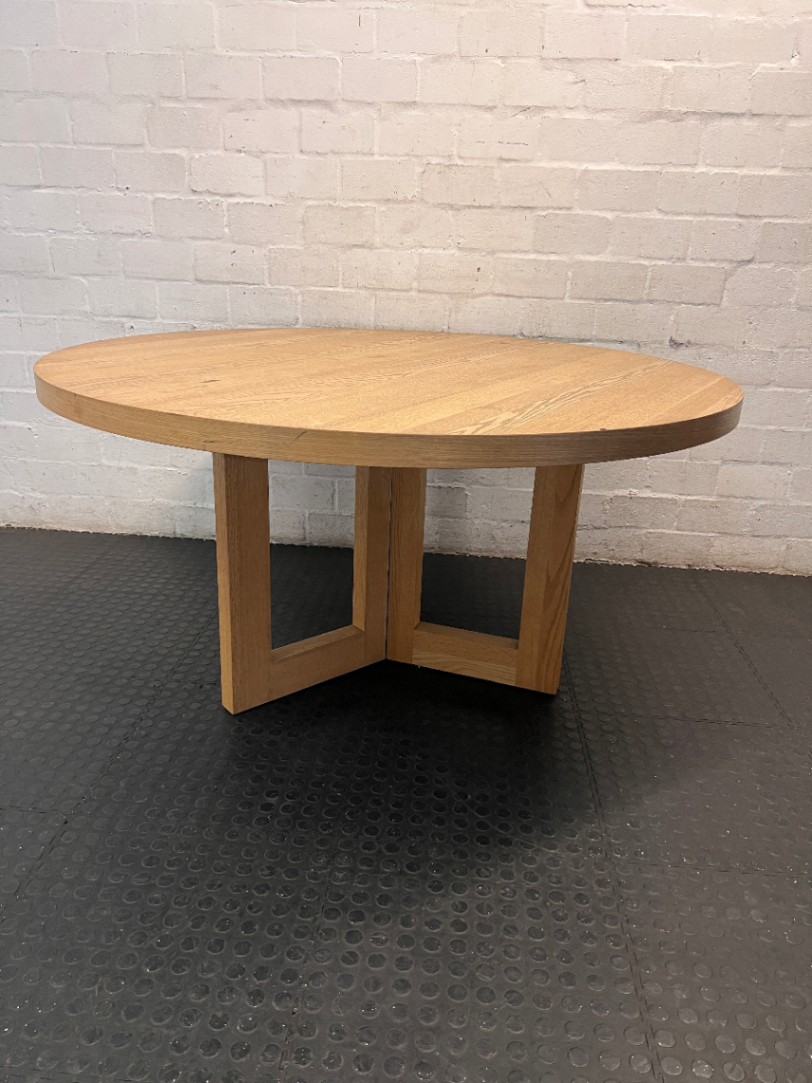 Coricraft Round Wooden Dining Table with Pedestal Base — Fair Condition with Visible Wear - 2ndhandwarehouse.com