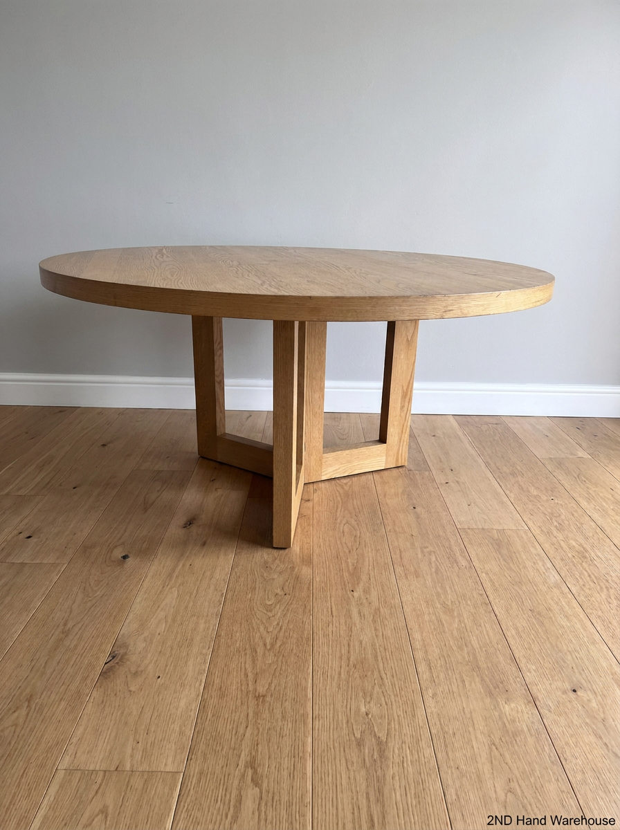 Coricraft Round Wooden Dining Table with Pedestal Base — Fair Condition with Visible Wear - 2ndhandwarehouse.com
