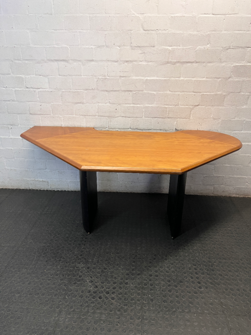 Corner Office Desk with Wood Finish and Black Legs — Fair Condition with Visible Wear