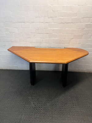 Corner Office Desk with Wood Finish and Black Legs — Fair Condition with Visible Wear