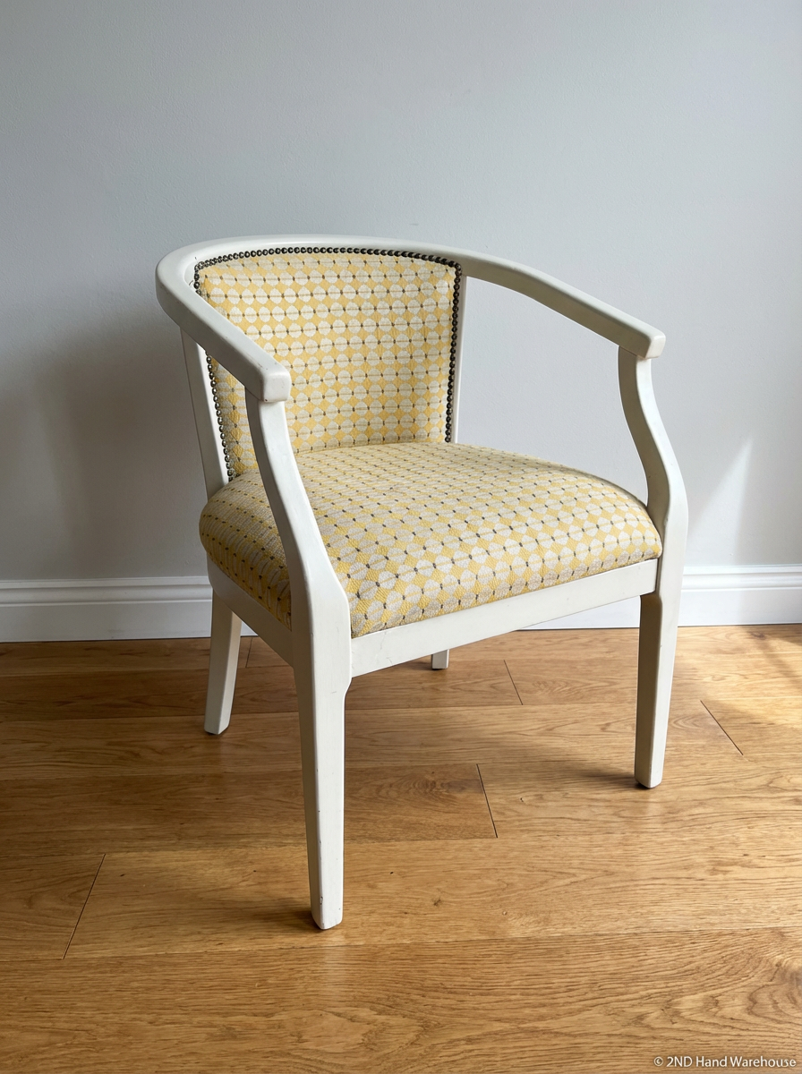 Cream Armchair with Yellow Patterned Upholstery - Stains on Seat