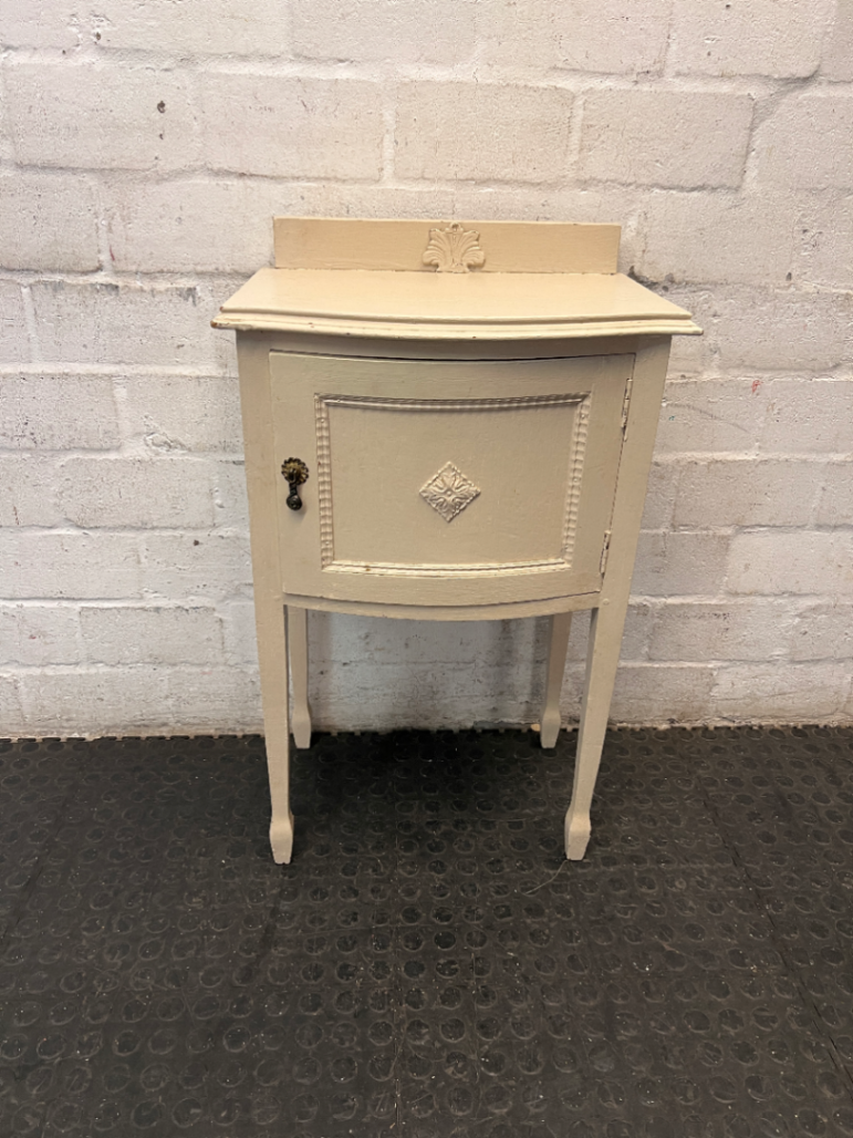 Cream Bow-Front Wooden Bedside Table with Raised Legs — Fair Condition with Paint Wear