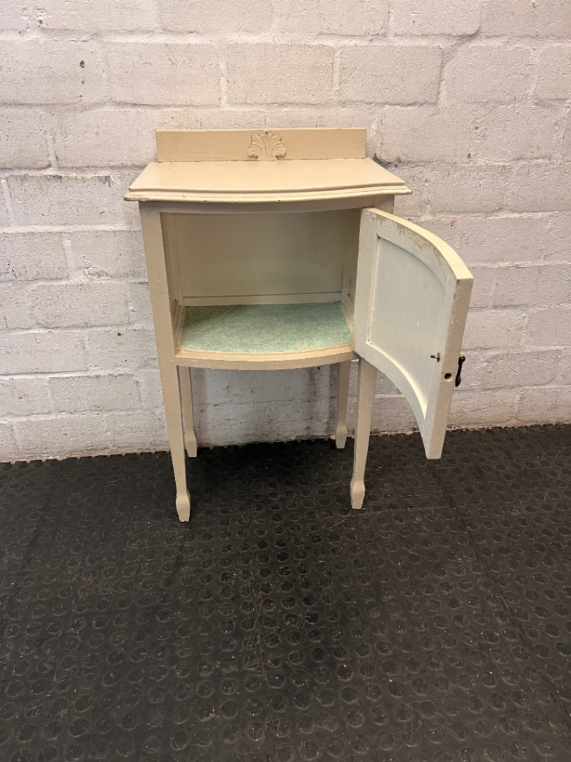 Cream Bow-Front Wooden Bedside Table with Raised Legs — Fair Condition with Paint Wear
