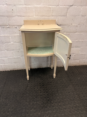 Cream Bow-Front Wooden Bedside Table with Raised Legs — Fair Condition with Paint Wear