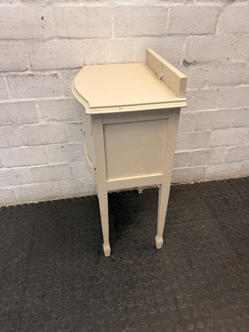 Cream Bow-Front Wooden Bedside Table with Raised Legs — Fair Condition with Paint Wear