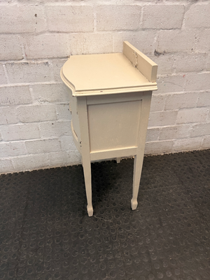 Cream Bow-Front Wooden Bedside Table with Raised Legs — Fair Condition with Paint Wear