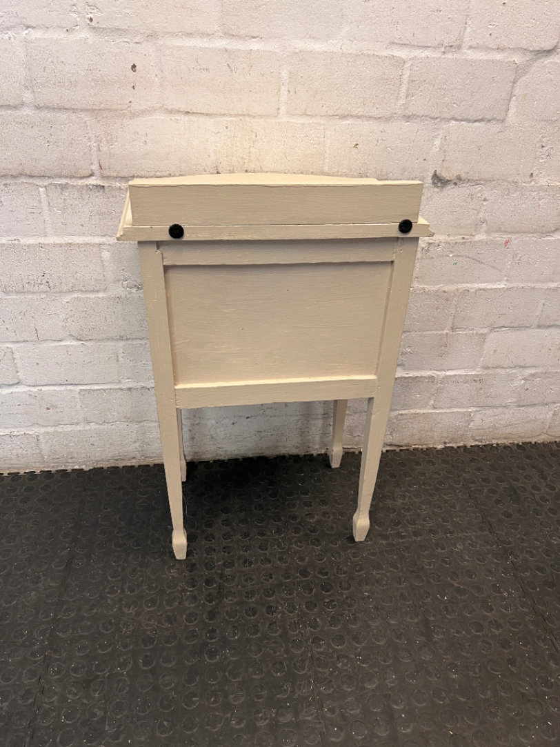 Cream Bow-Front Wooden Bedside Table with Raised Legs — Fair Condition with Paint Wear