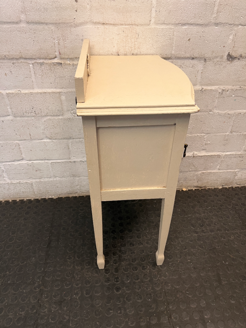 Cream Bow-Front Wooden Bedside Table with Raised Legs — Fair Condition with Paint Wear