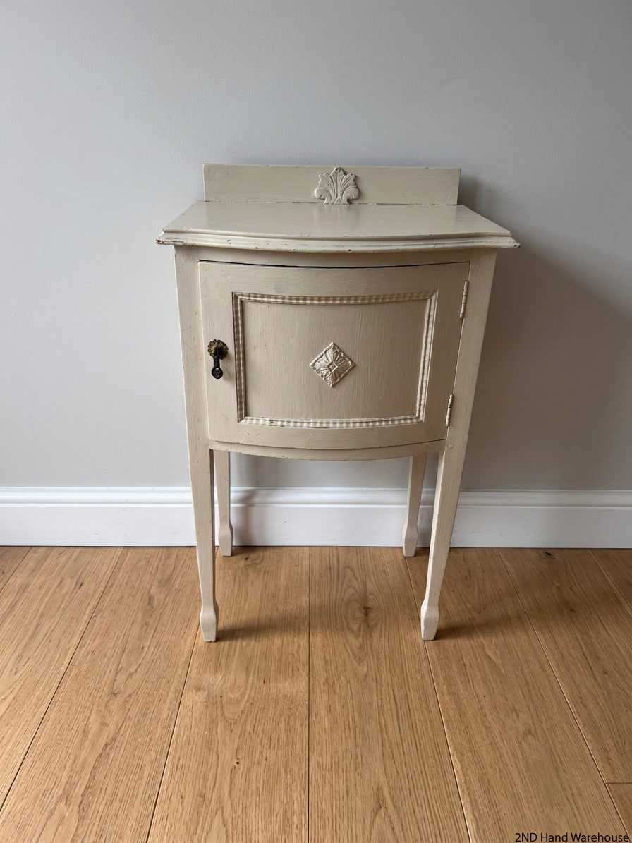 Cream Bow-Front Wooden Bedside Table with Raised Legs — Fair Condition with Paint Wear