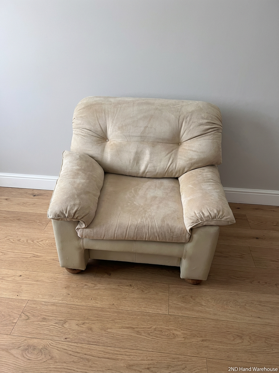 Cream Microsuede 1 Seater Couch - Minor Velcro Wear - 2ndhandwarehouse.com