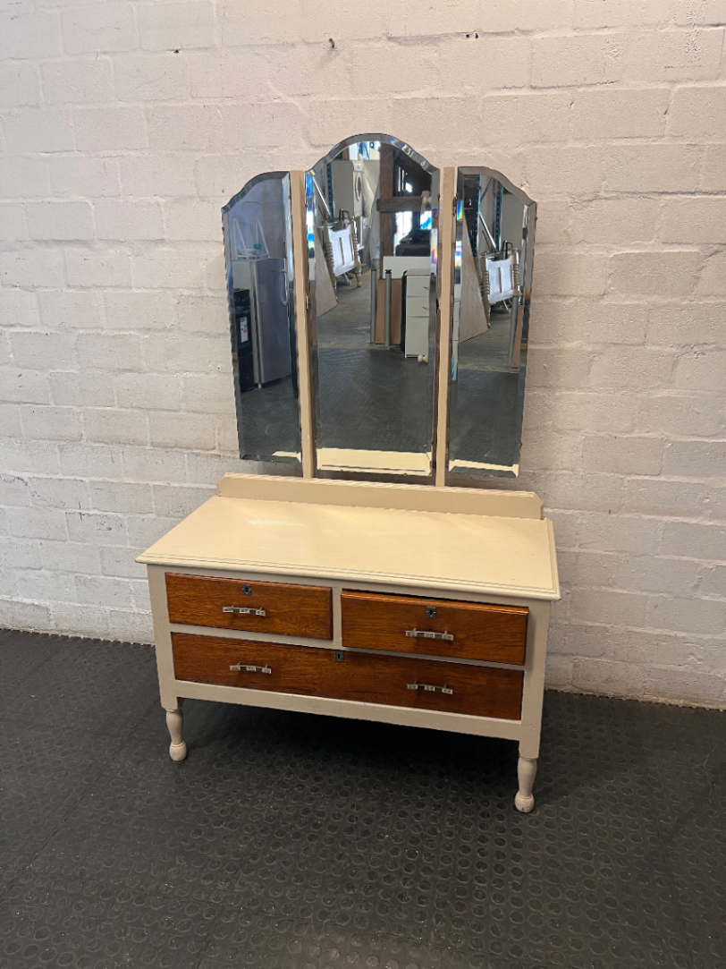 Cream and Wood Dressing Table with Tri-Fold Mirror — Fair Used Condition