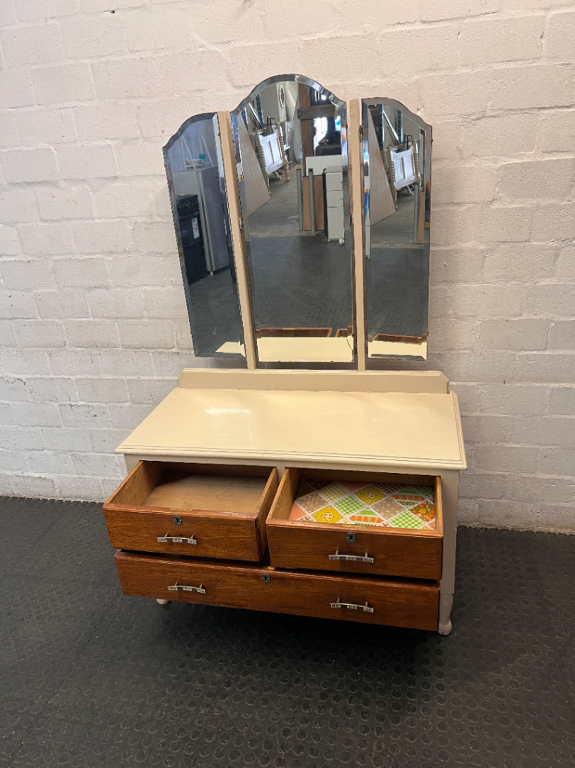 Cream and Wood Dressing Table with Tri-Fold Mirror — Fair Used Condition