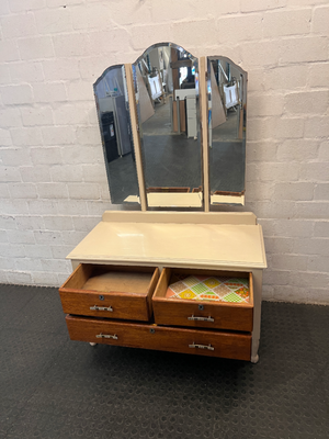 Cream and Wood Dressing Table with Tri-Fold Mirror — Fair Used Condition