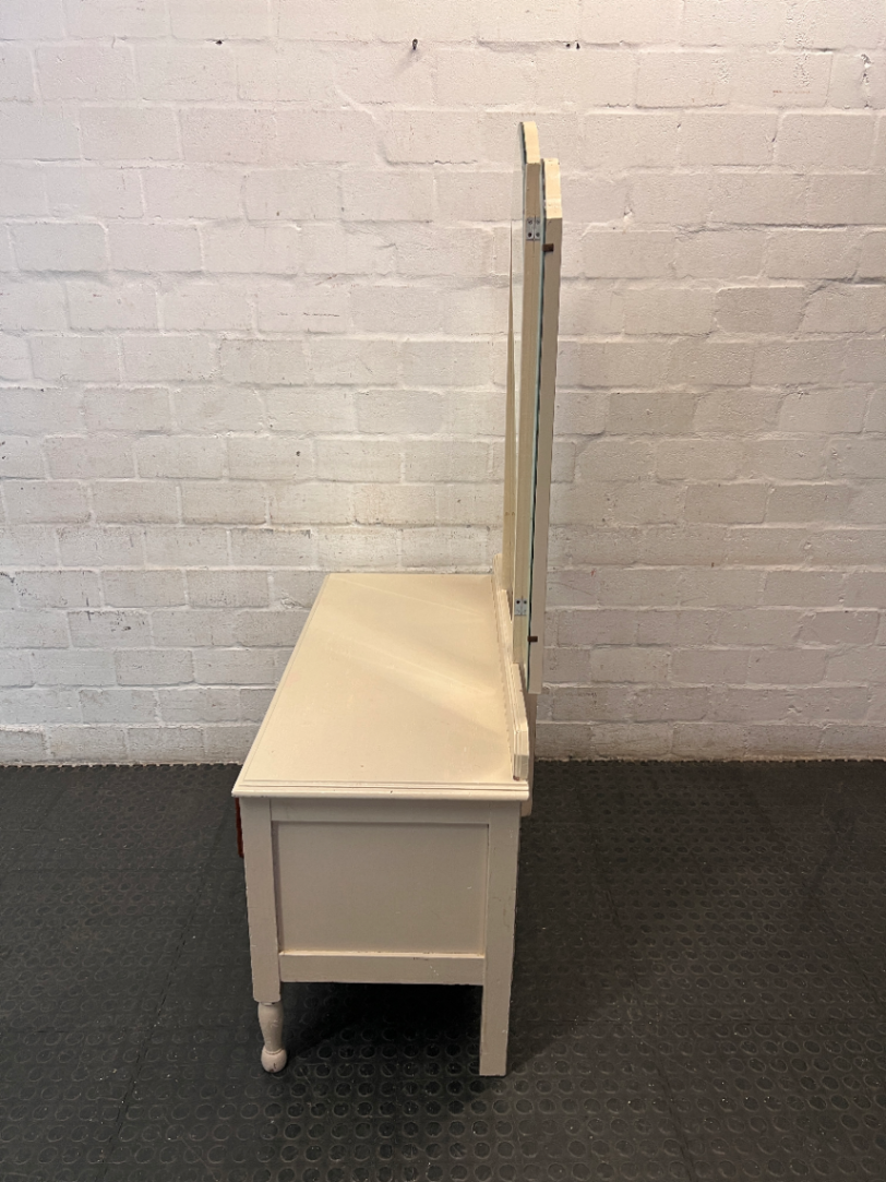 Cream and Wood Dressing Table with Tri-Fold Mirror — Fair Used Condition