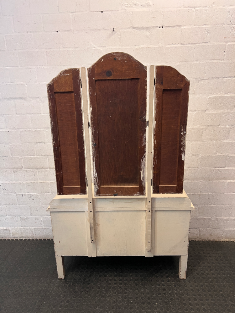 Cream and Wood Dressing Table with Tri-Fold Mirror — Fair Used Condition